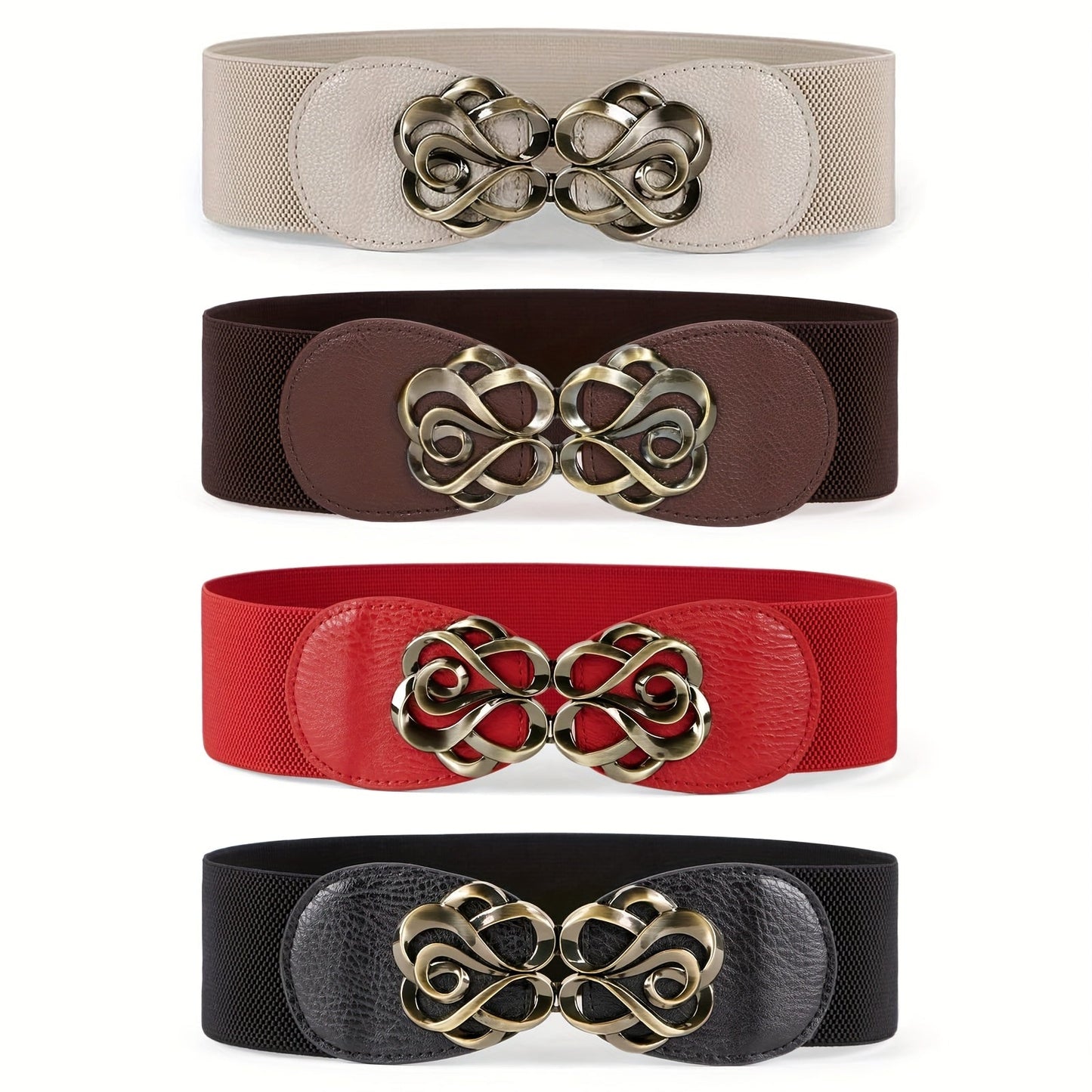 Women's Belt - Wide Elastic Set 4pcs for | Vintage Boho Waist with Golden Leaf Buckle - product detail view 8