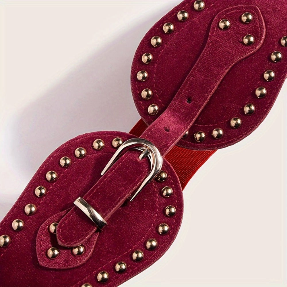 Women's Belt - Wide Elastic for Vintage - Stretchy Wide Waist with Wine Rivet & Stainless - product detail view 2