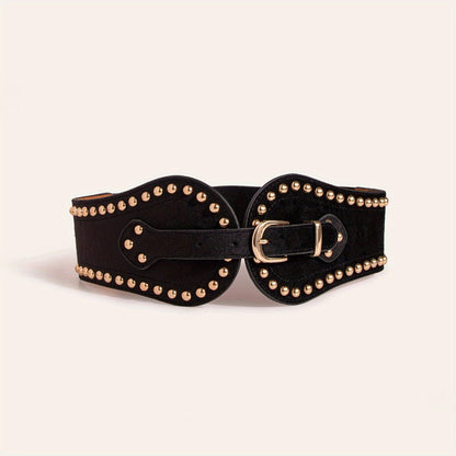 Women's Belt - Wide Elastic for Vintage - Stretchy Wide Waist with Wine Rivet & Stainless - product detail view 3
