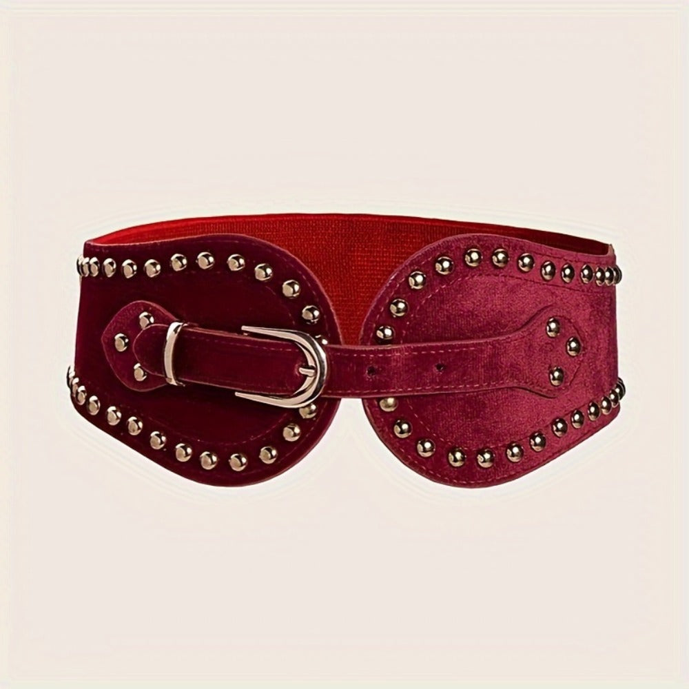 Women's Belt - Wide Elastic for Vintage - Stretchy Wide Waist with Wine Rivet & Stainless - product detail view 5