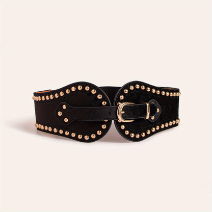 Women's Belt - Wide Elastic for Vintage - Stretchy Wide Waist with Wine Rivet & Stainless - product detail view 13