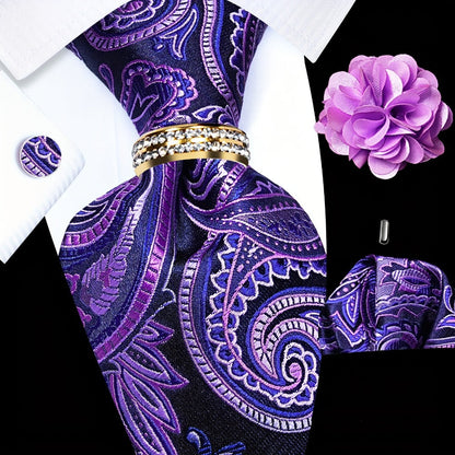 Men's Necktie - Paisley Tie Set for 5 Piece Silk Pocket Square Cufflinks Tie Ring Lapel - product detail view 5