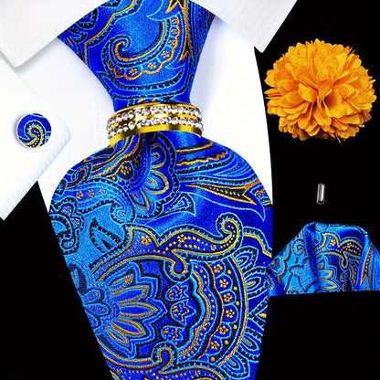 Men's Necktie - Paisley Tie Set for 5 Piece Silk Pocket Square Cufflinks Tie Ring Lapel - product detail view 13