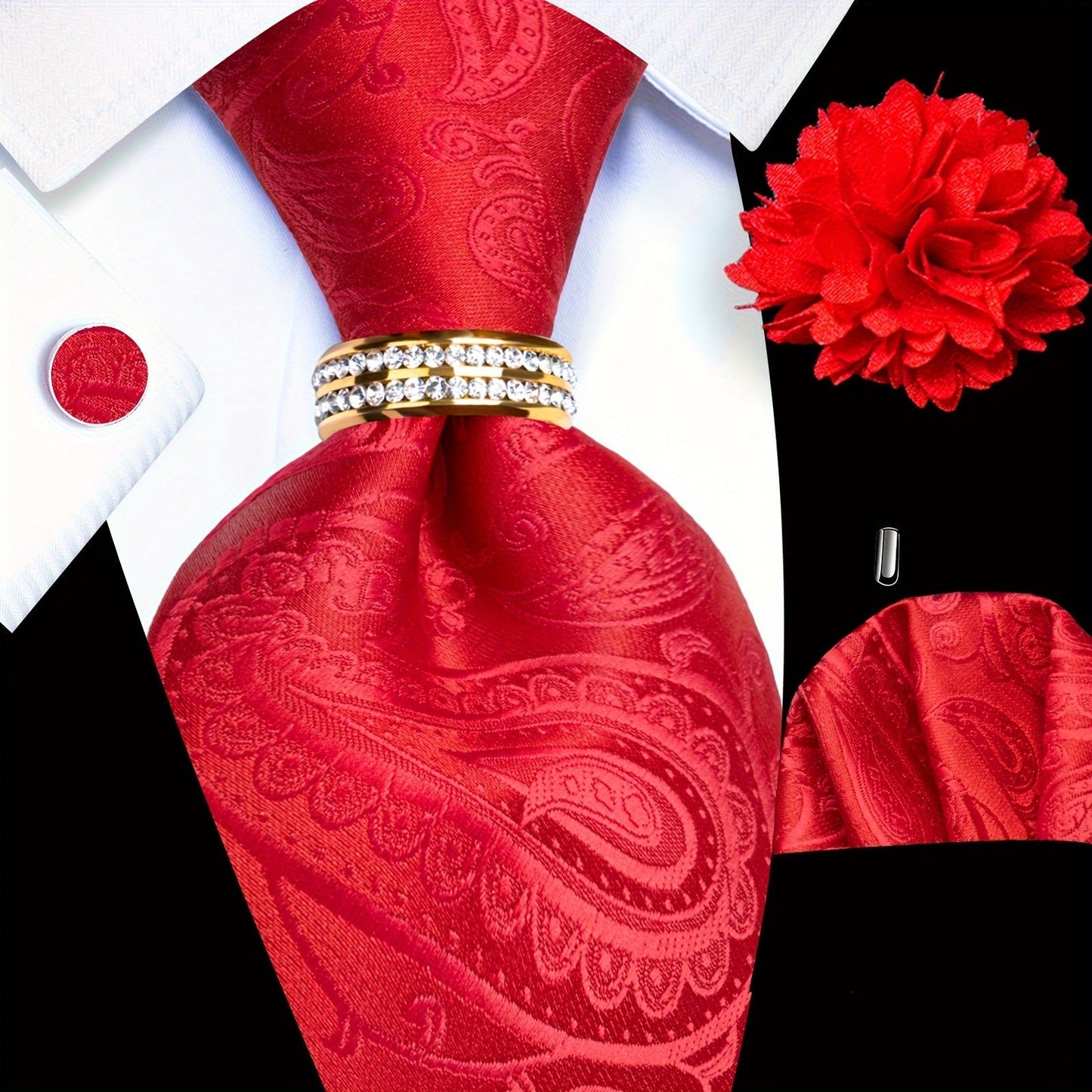 Men's Necktie - Paisley Tie Set for 5 Piece Silk Pocket Square Cufflinks Tie Ring Lapel - product detail view 15