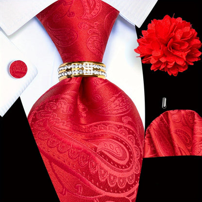 Men's Necktie - Paisley Tie Set for 5 Piece Silk Pocket Square Cufflinks Tie Ring Lapel - product detail view 15