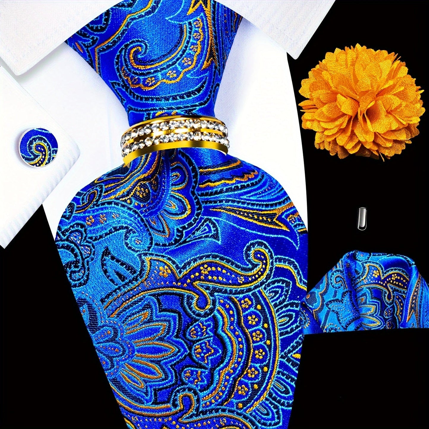 Men's Necktie - Paisley Tie Set for 5 Piece Silk Pocket Square Cufflinks Tie Ring Lapel - product detail view 18