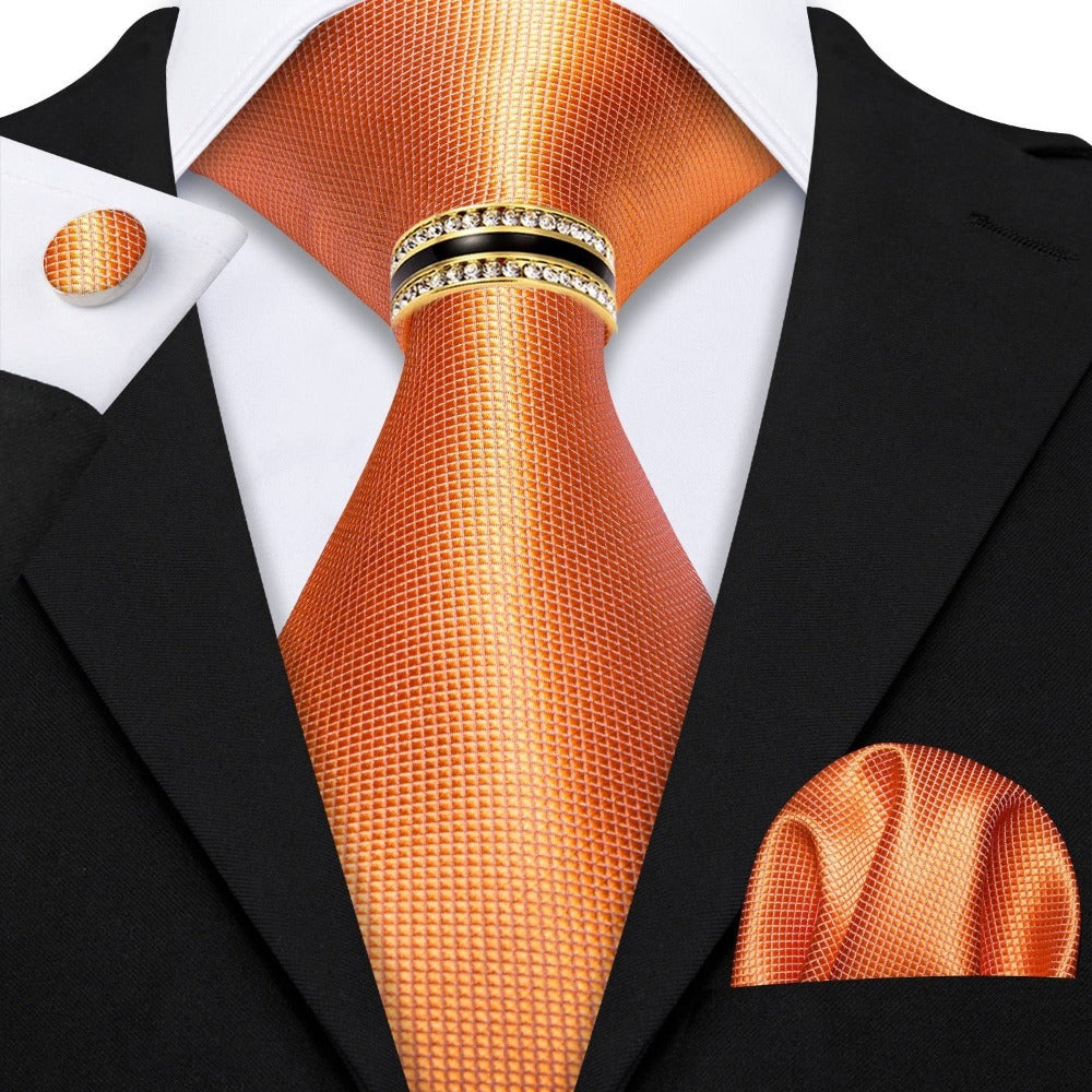 Men's Necktie - 's Set with Pocket Square Cufflinks & Golden Ring | Woven Tie for Wedding - product detail view 10