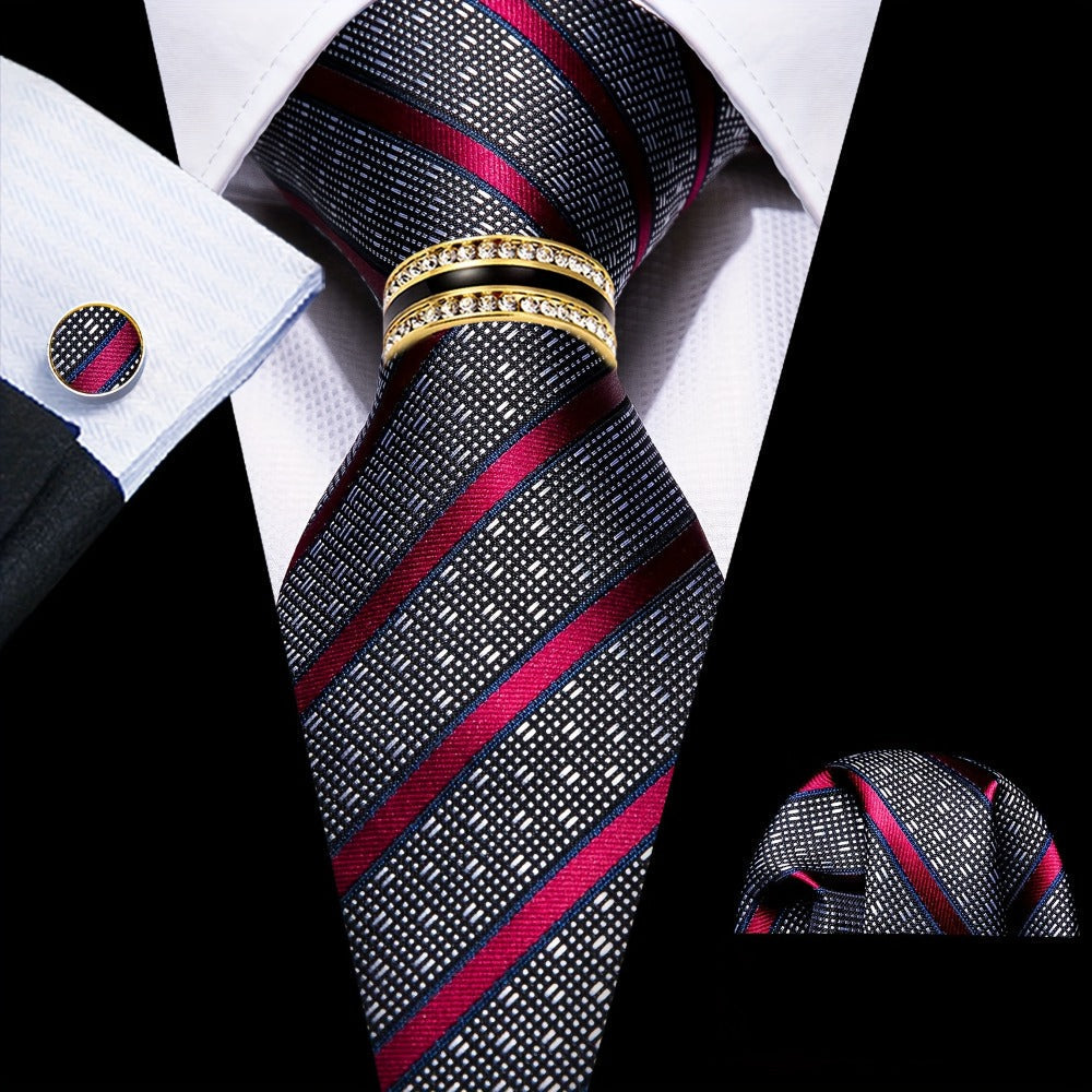 Men's Necktie - 's Set with Pocket Square Cufflinks & Golden Ring | Woven Tie for Wedding - product detail view 11