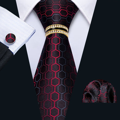 Men's Necktie - 's Set with Pocket Square Cufflinks & Golden Ring | Woven Tie for Wedding - product detail view 16