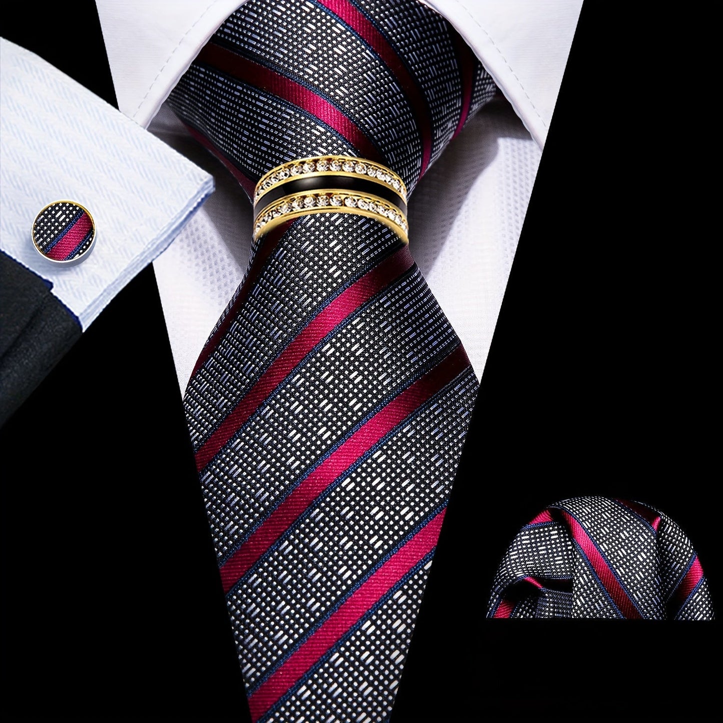 Men's Necktie - 's Set with Pocket Square Cufflinks & Golden Ring | Woven Tie for Wedding - product detail view 17