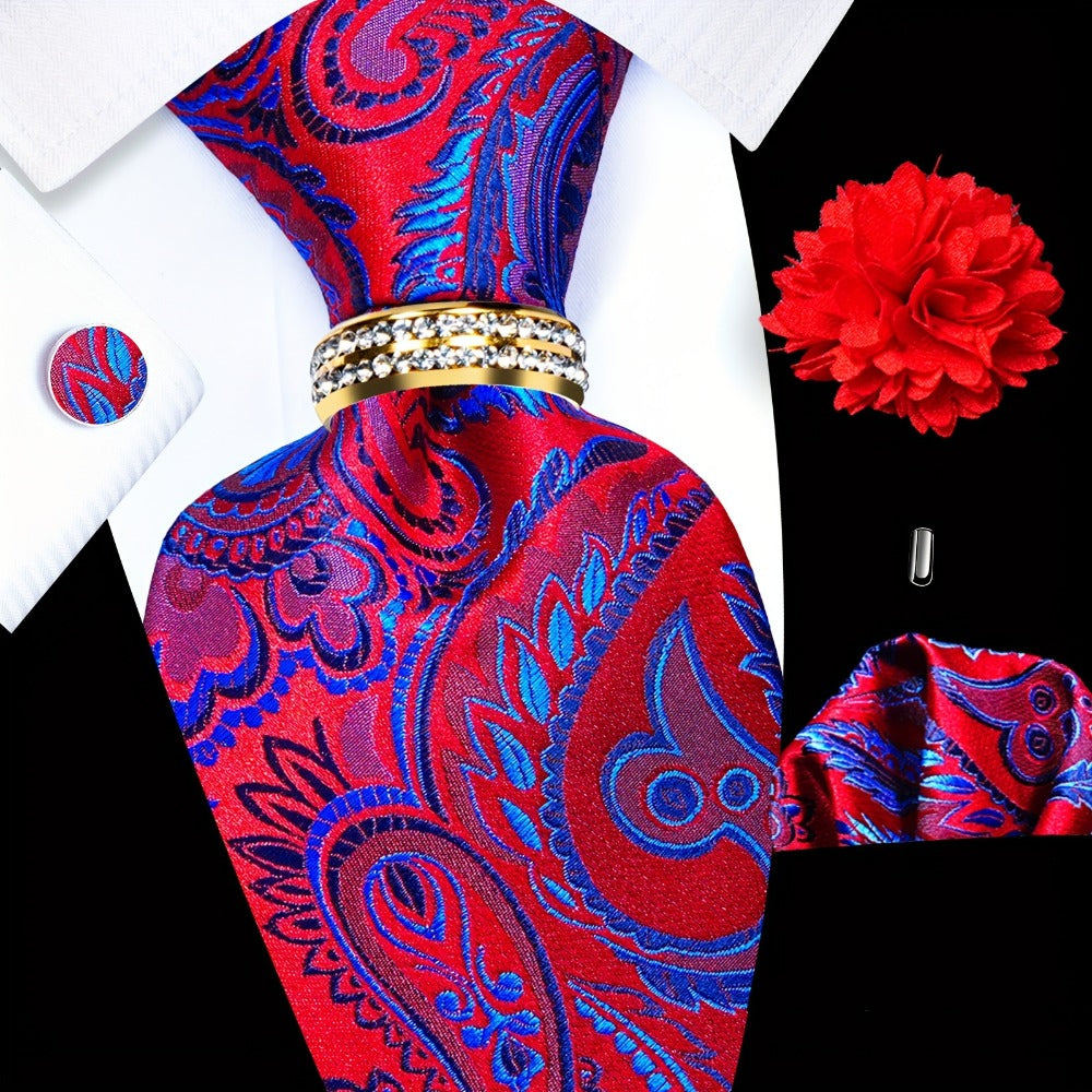 Men's Necktie - 's Wedding Set 5pcs - Matching Tie Pocket Square Cufflinks Tie Ring & - product detail view 3