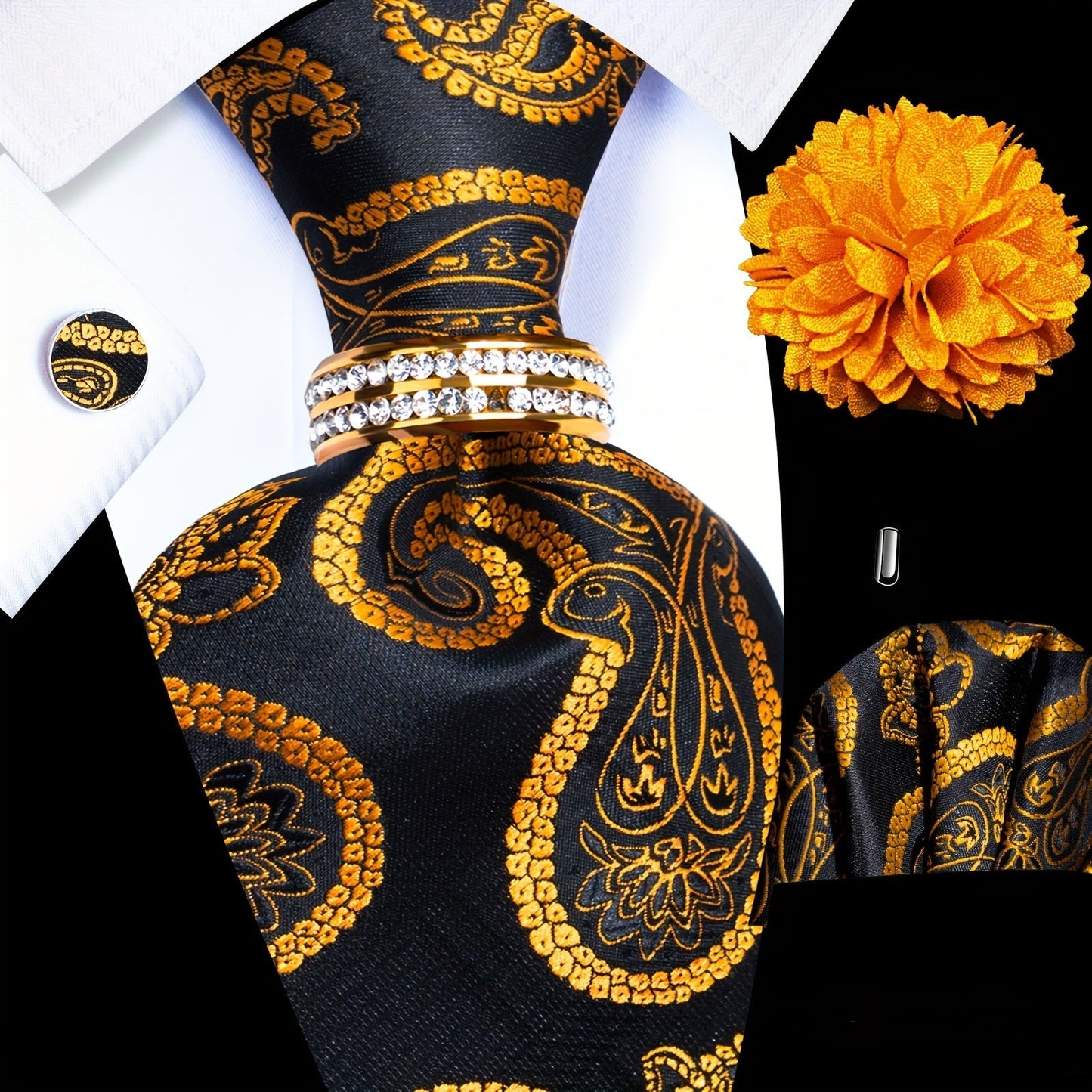 Men's Necktie - 's Wedding Set 5pcs - Matching Tie Pocket Square Cufflinks Tie Ring & - product detail view 18