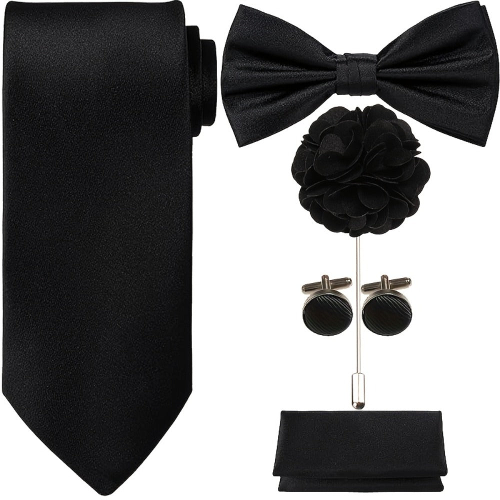 Men's Necktie - Satin Tie Set for 5 Piece Bow Tie Pocket Square Lapel Pin Cuff Links - main product view