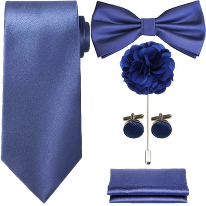 Men's Necktie - Satin Tie Set for 5 Piece Bow Tie Pocket Square Lapel Pin Cuff Links - product detail view 4