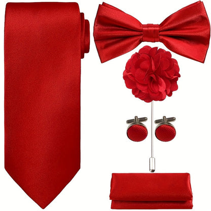 Men's Necktie - Satin Tie Set for 5 Piece Bow Tie Pocket Square Lapel Pin Cuff Links - product detail view 18