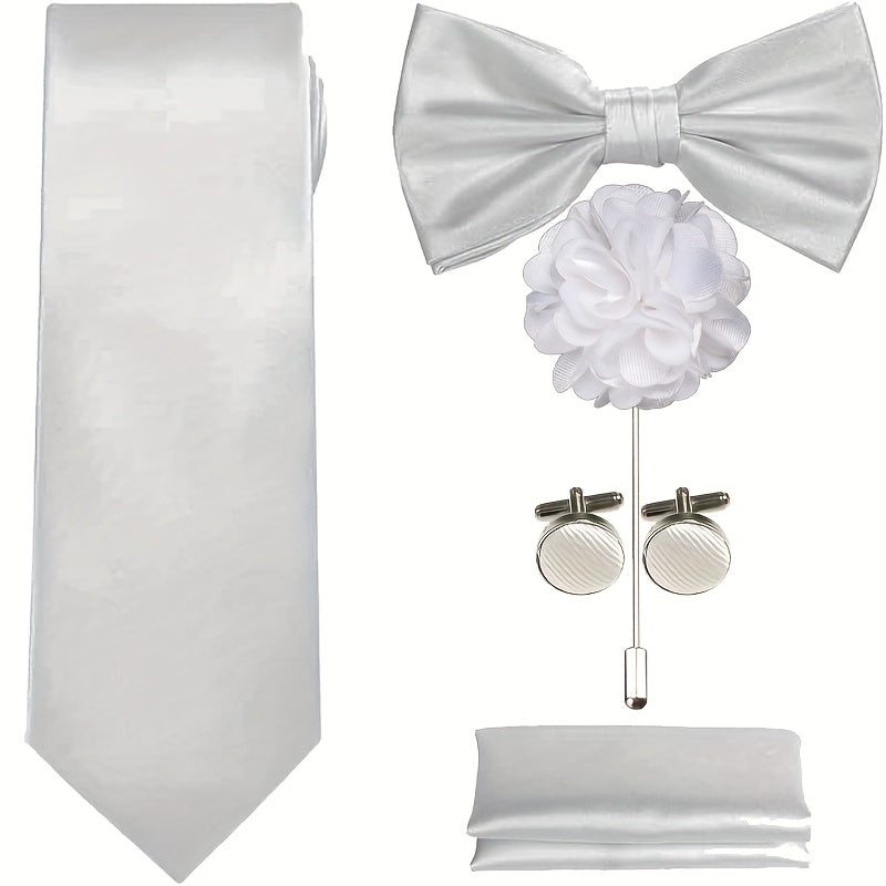 Men's Necktie - Satin Tie Set for 5 Piece Bow Tie Pocket Square Lapel Pin Cuff Links - product detail view 19