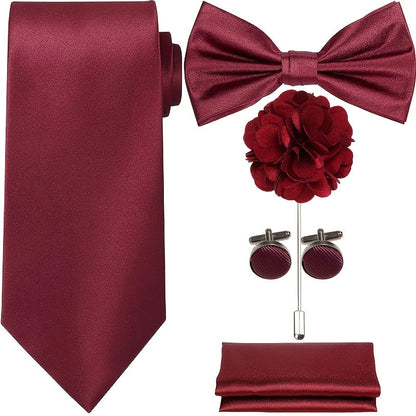 Men's Necktie - Satin Tie Set for 5 Piece Bow Tie Pocket Square Lapel Pin Cuff Links - product detail view 21