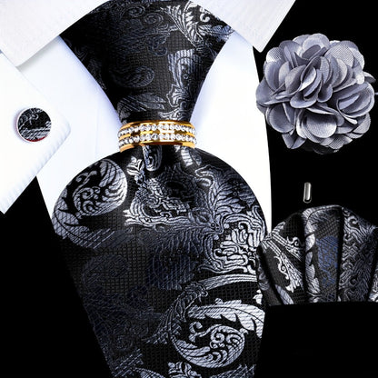 Men's Necktie - Silk Tie Set for 5 Piece 2400 Thread Count Pocket Square Cufflinks Lapel - product detail view 3