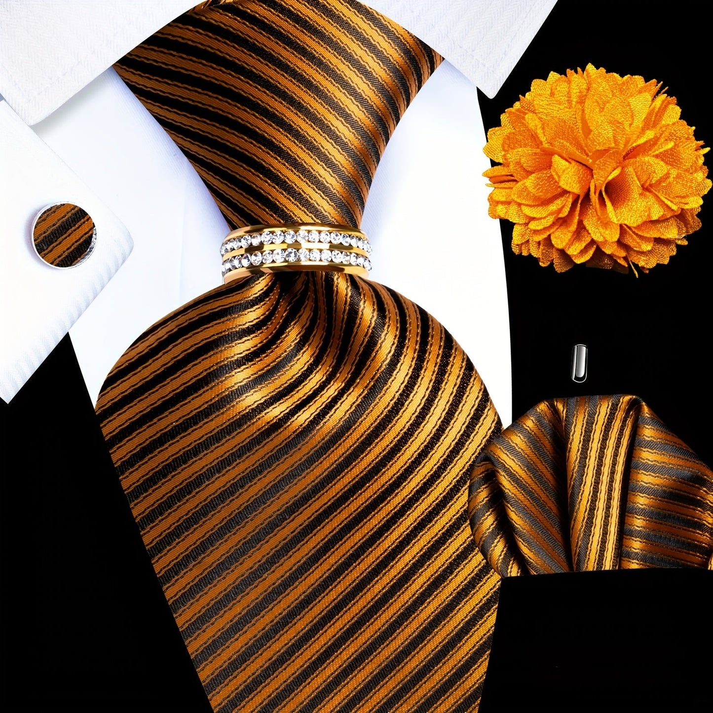 Men's Necktie - Silk Tie Set for 5 Piece 2400 Thread Count Pocket Square Cufflinks Lapel - product detail view 23