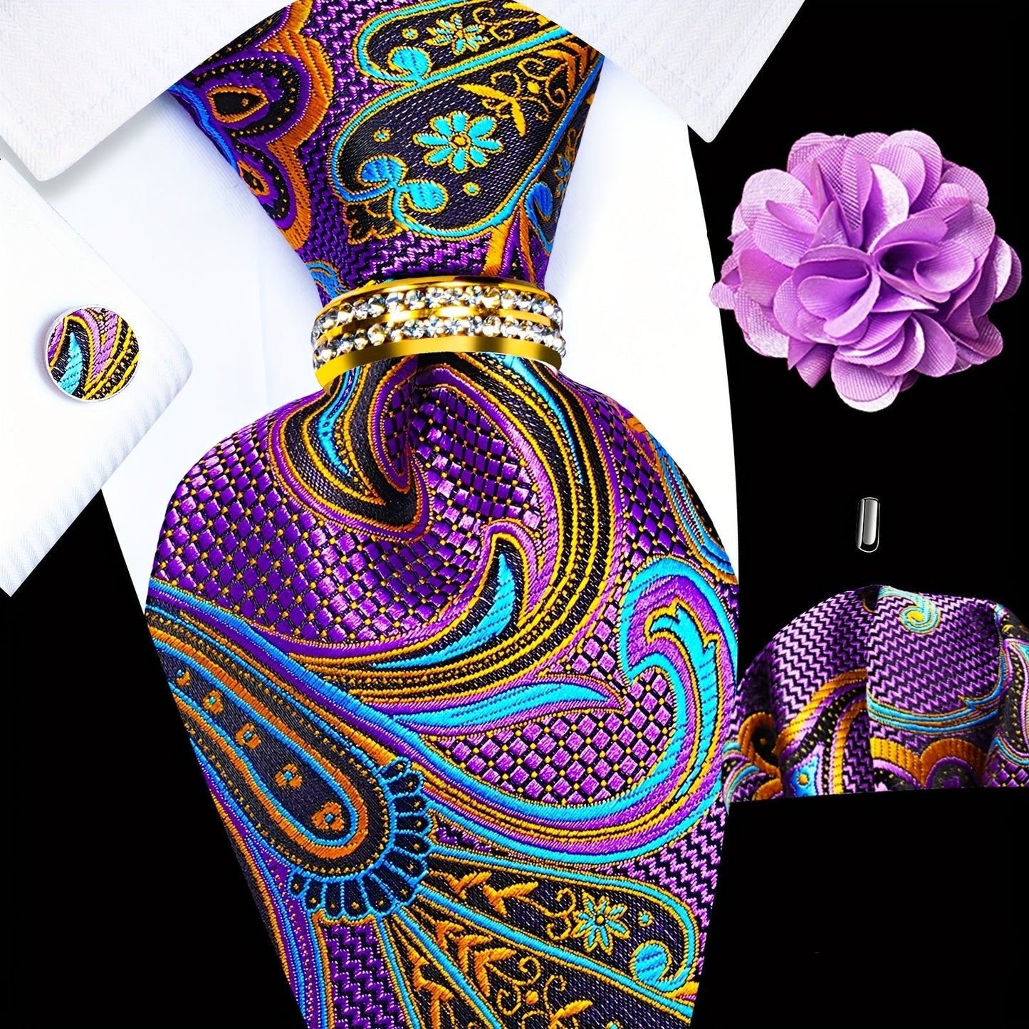 Men's Necktie - Silk Tie Set for 5 Piece 2400 Thread Count Pocket Square Cufflinks Lapel - product detail view 25