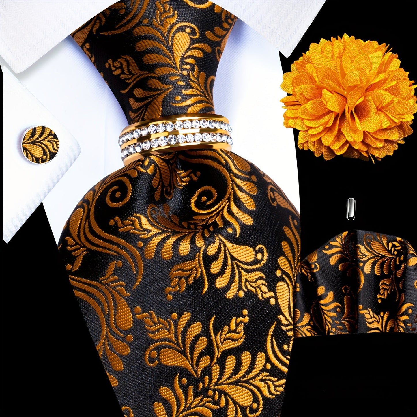 Men's Necktie - Silk Tie Set for 5 Piece 2400 Thread Count Pocket Square Cufflinks Lapel - product detail view 26