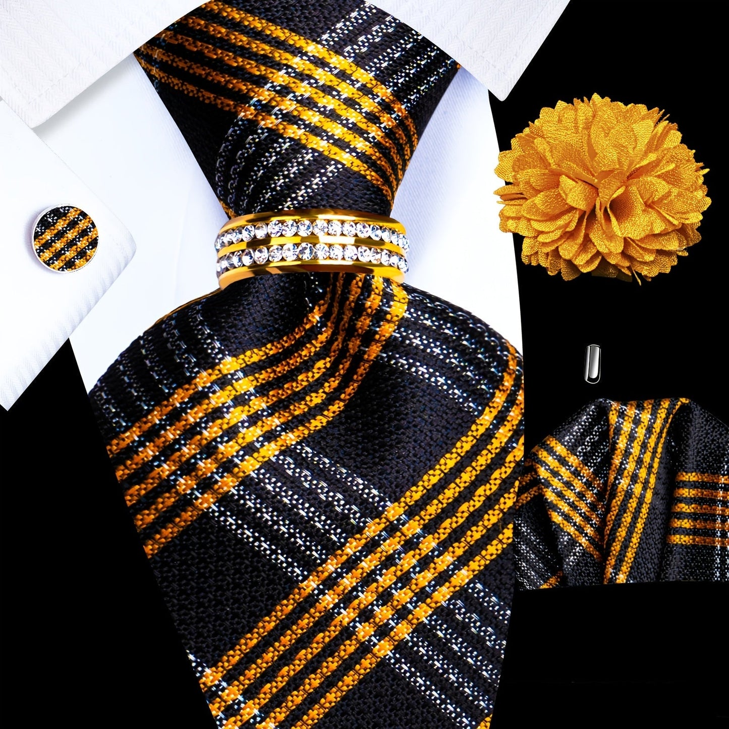 Men's Necktie - Silk Tie Set for 5 Piece 2400 Thread Count Pocket Square Cufflinks Lapel - product detail view 27