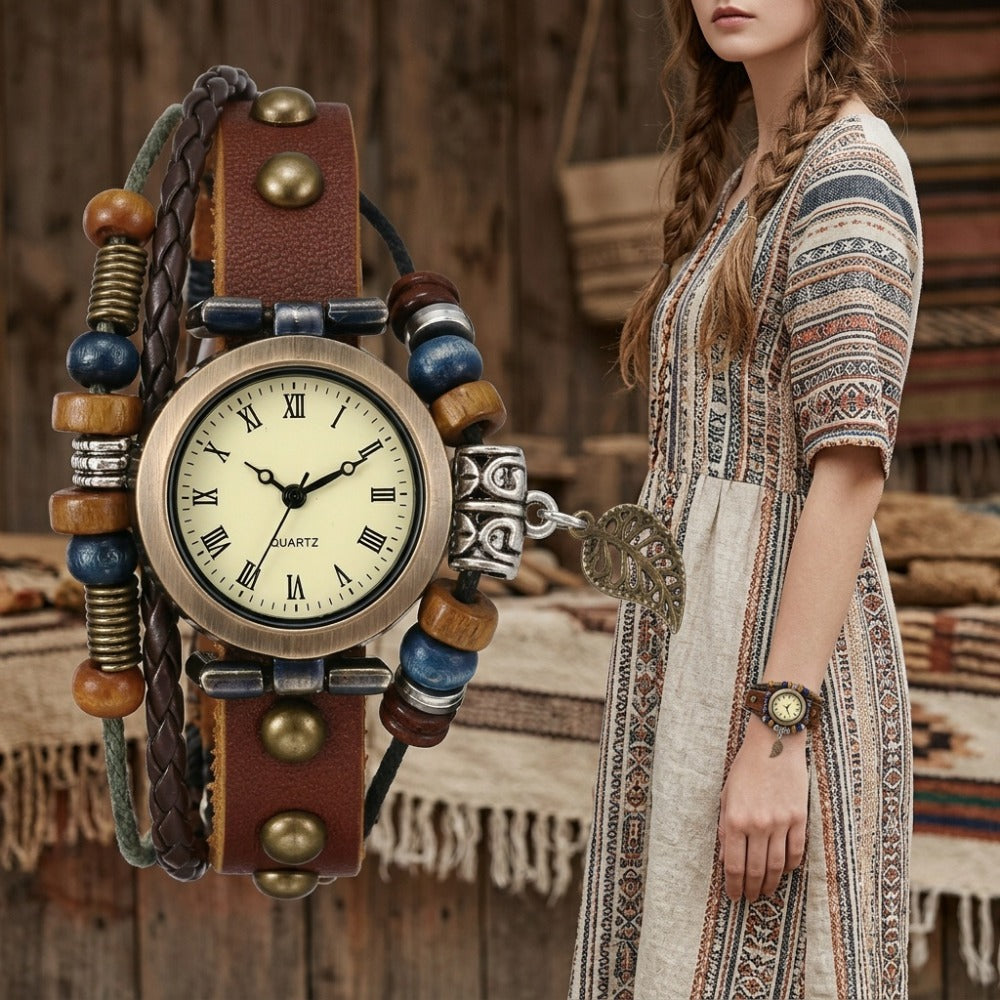 Women's Quartz Watch - Bracelet Vintage Ethnic Analog Faux Leather Cord Multi-Layer Wrap with - product detail view 10