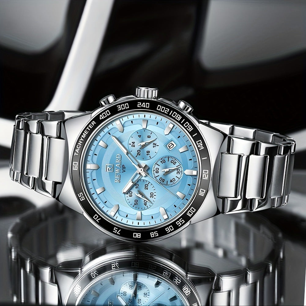 Men's Quartz Watch - Chronograph Sport REWARD VIP Luminous Stainless Steel Wristwatch Ice Blue - product detail view 10