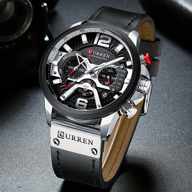Men's Quartz Watch - CURREN Business Chronograph Faux Leather Strap Analog Date Stopwatch - product detail view 11