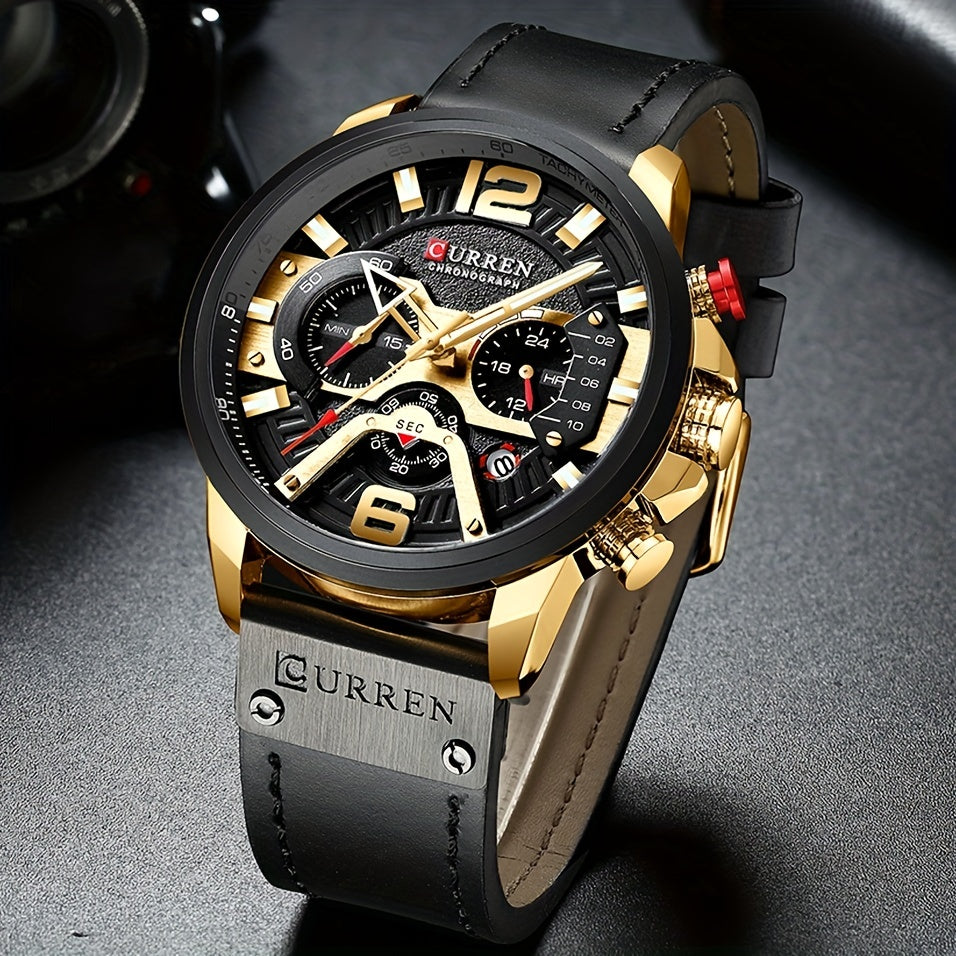 Men's Quartz Watch - CURREN Business Chronograph Faux Leather Strap Analog Date Stopwatch - product detail view 12