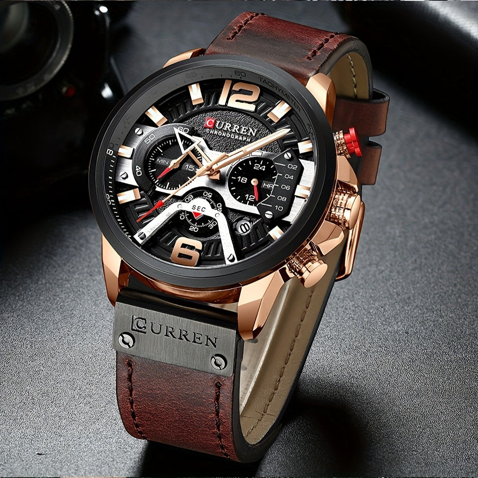 Men's Quartz Watch - CURREN Business Chronograph Faux Leather Strap Analog Date Stopwatch - product detail view 13