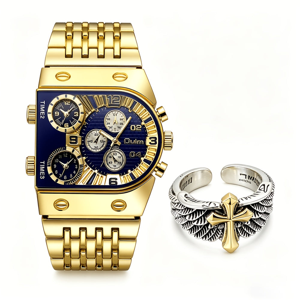 Men's Quartz Watch - Gold for Luxury Chronograph Roman Numeral Dial Date Multi-Timezone Alloy - product detail view 13