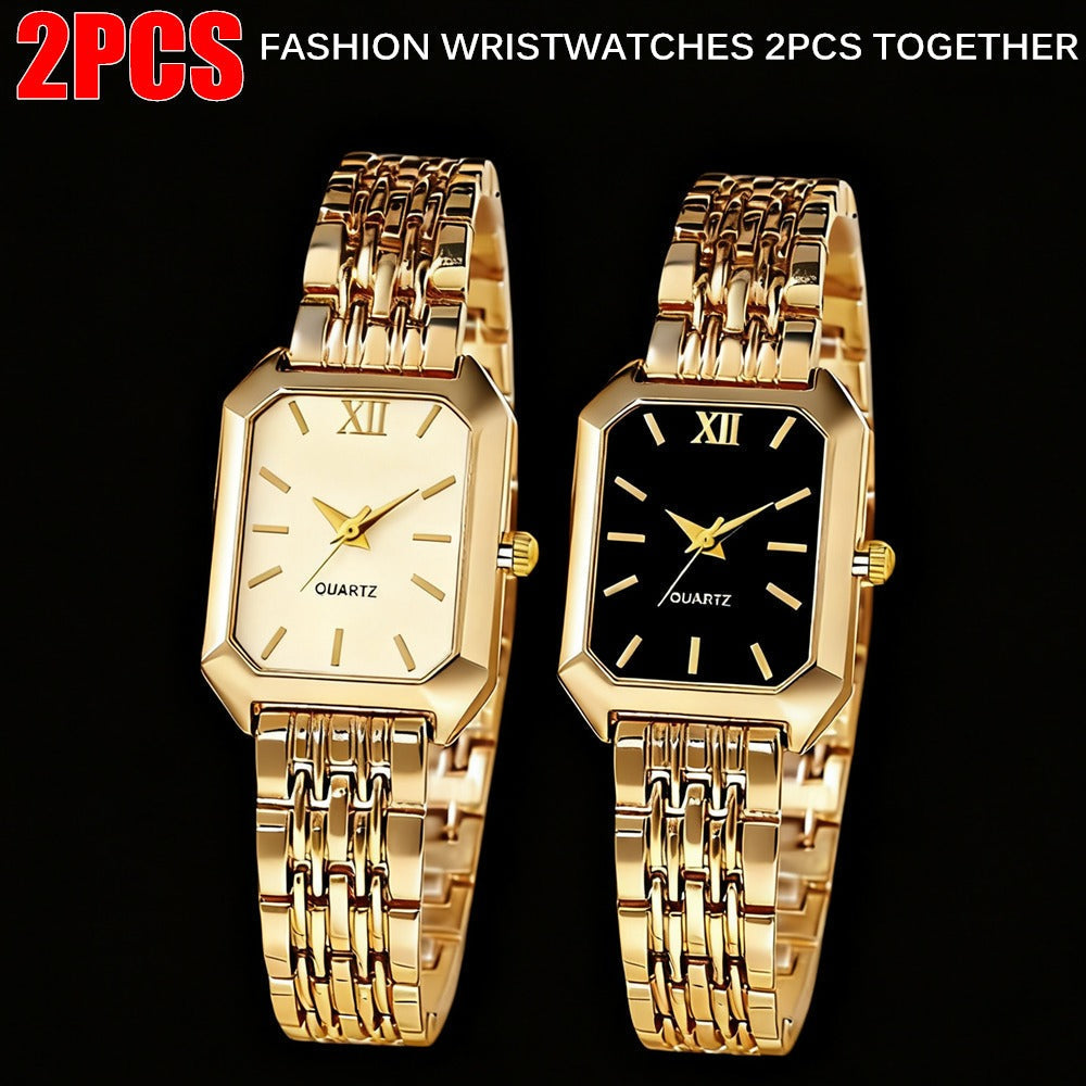 Women's Quartz Watch - Gold Tone Set for 2 Piece Elegant Luxury Rectangular Dial Analog - main product view
