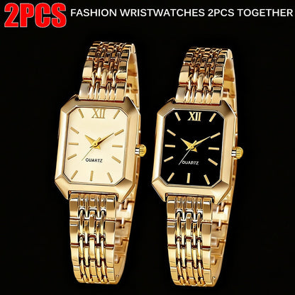 Women's Quartz Watch - Gold Tone Set for 2 Piece Elegant Luxury Rectangular Dial Analog - main product view