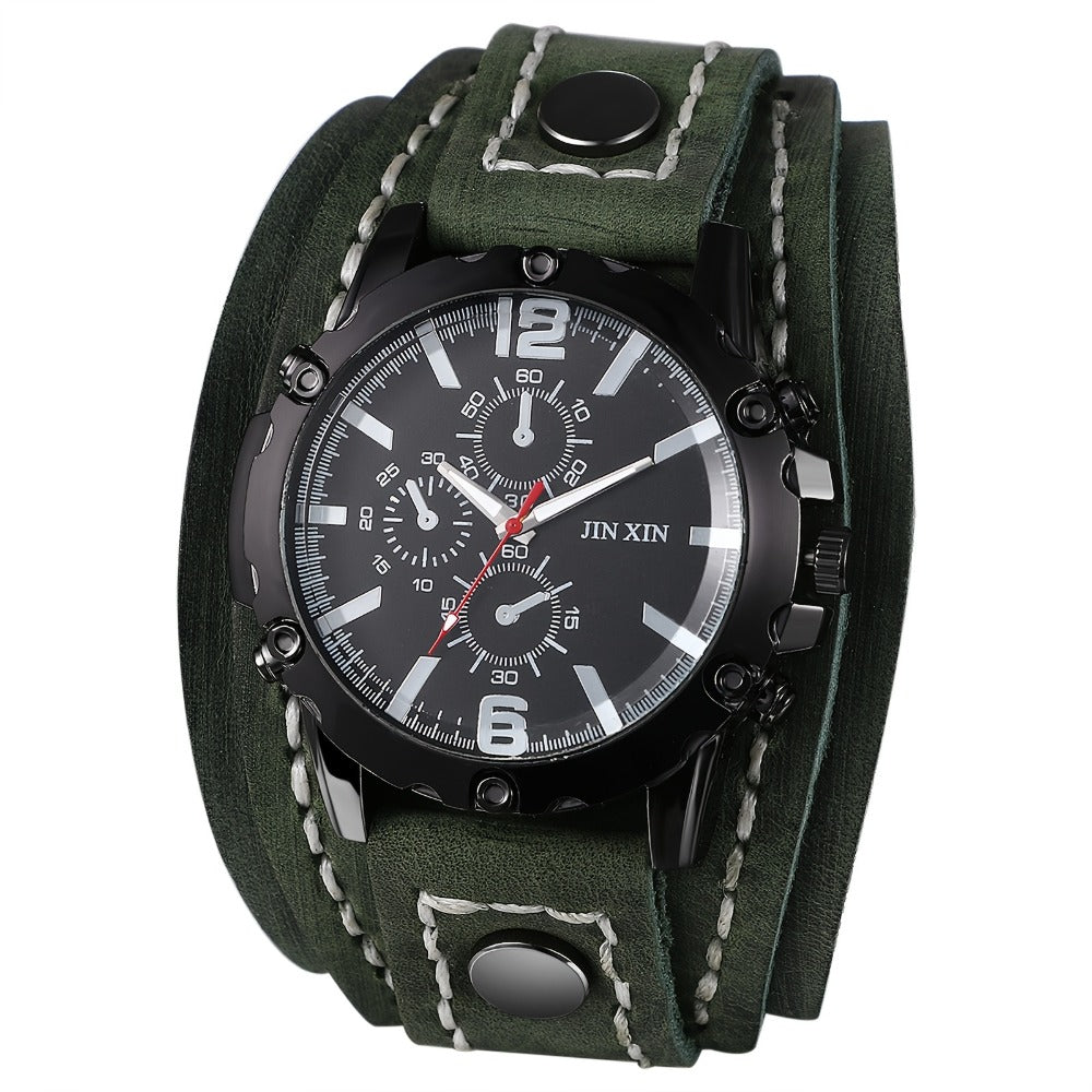 Men's Quartz Watch - Gothic Punk Leather Cuff Wristwatch for Wide Genuine Leather Band - product detail view 4