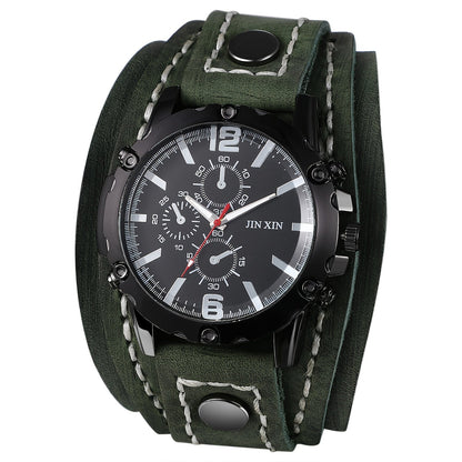 Men's Quartz Watch - Gothic Punk Leather Cuff Wristwatch for Wide Genuine Leather Band - product detail view 16