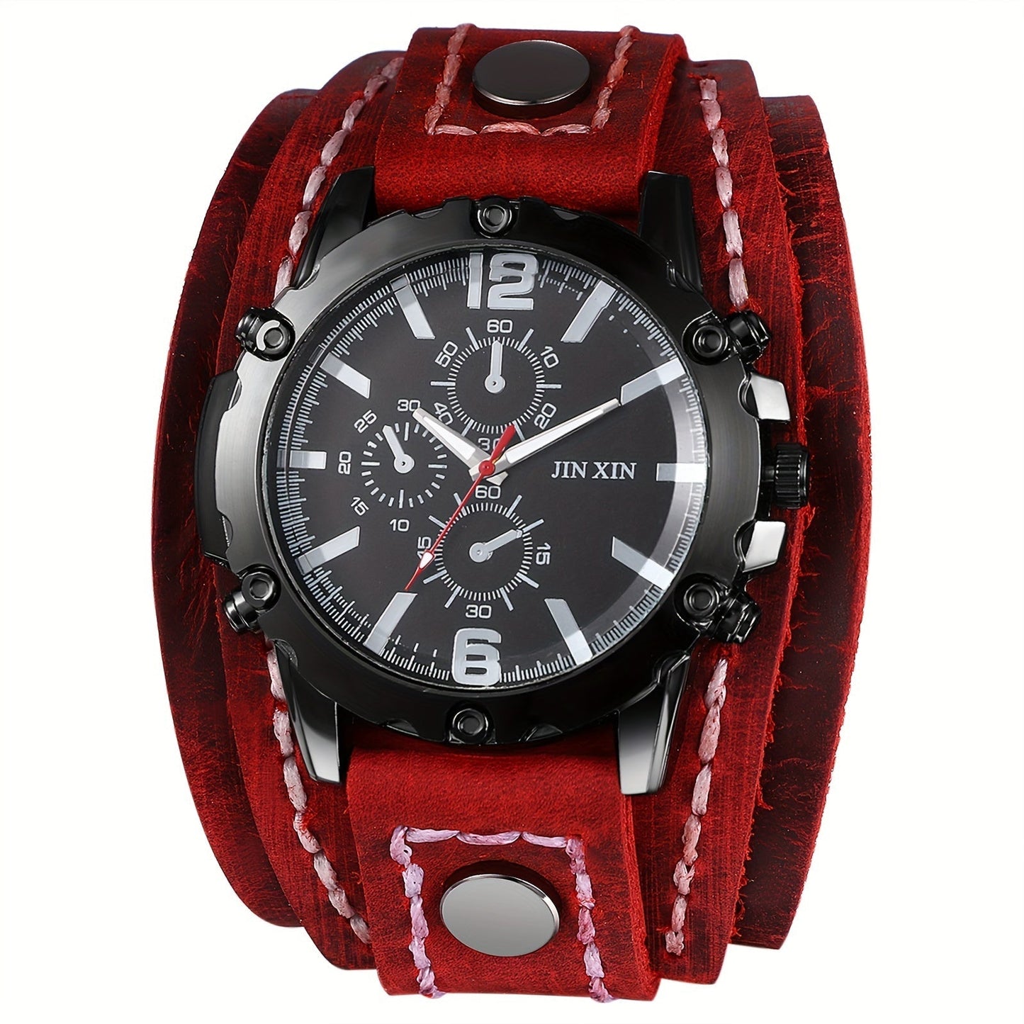 Men's Quartz Watch - Gothic Punk Leather Cuff Wristwatch for Wide Genuine Leather Band - product detail view 17