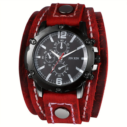 Men's Quartz Watch - Gothic Punk Leather Cuff Wristwatch for Wide Genuine Leather Band - product detail view 17