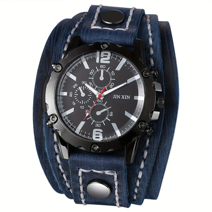 Men's Quartz Watch - Gothic Punk Leather Cuff Wristwatch for Wide Genuine Leather Band - product detail view 18