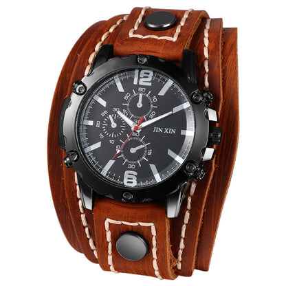 Men's Quartz Watch - Gothic Punk Leather Cuff Wristwatch for Wide Genuine Leather Band - product detail view 19