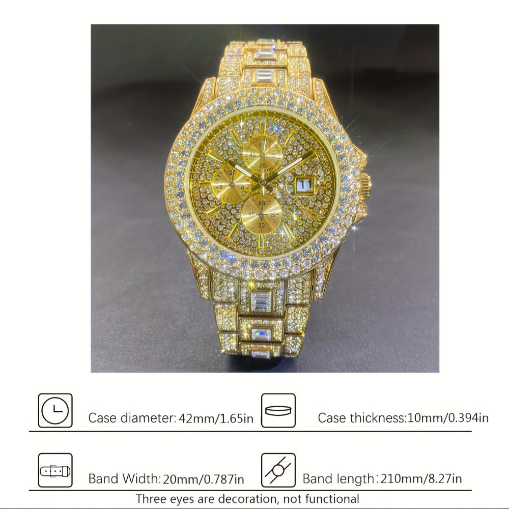 Men's Quartz Watch - Iced Out Rhinestone for & Women Hip Hop Luxury Bling Wristwatch - product detail view 2