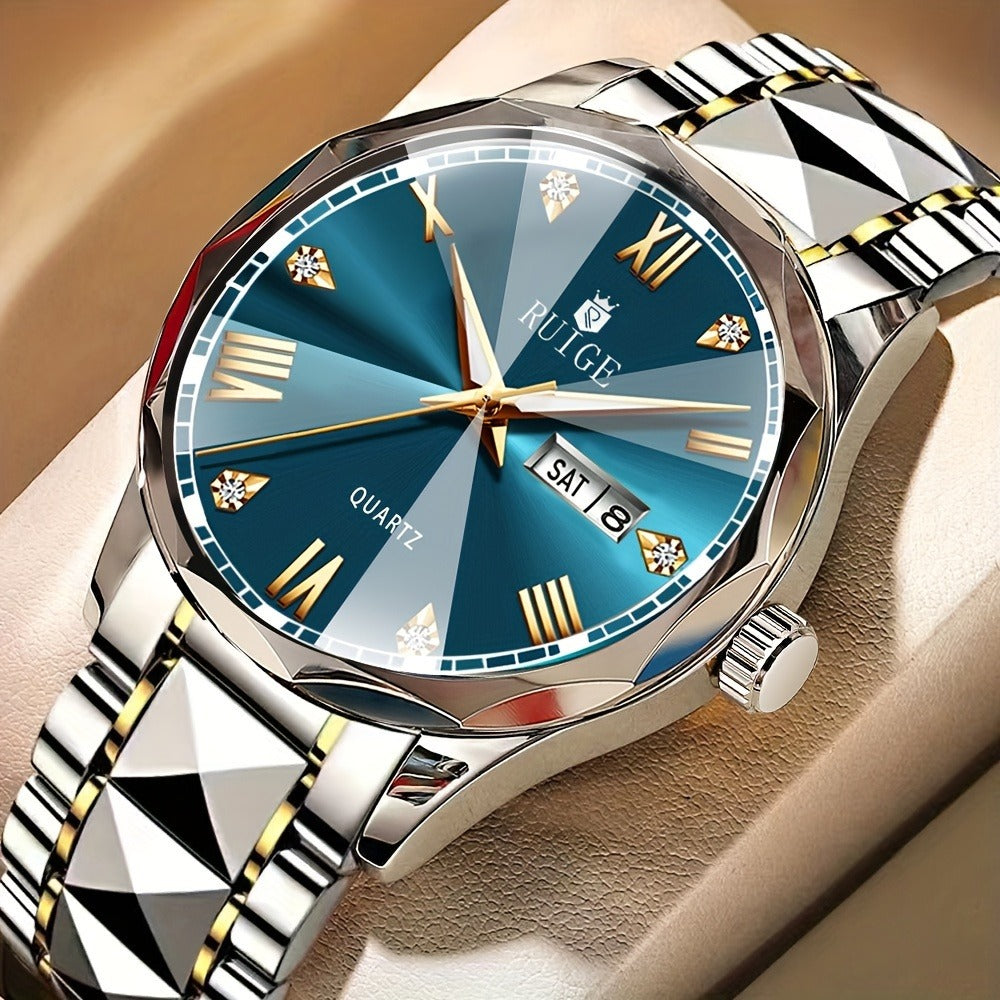 Men's Quartz Watch - Luxury Sports Stainless Steel Luminous Calendar Day Display Wristwatch - product detail view 3