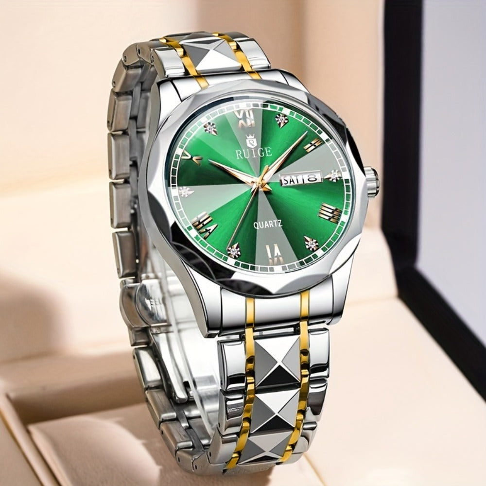 Men's Quartz Watch - Luxury Sports Stainless Steel Luminous Calendar Day Display Wristwatch - product detail view 4