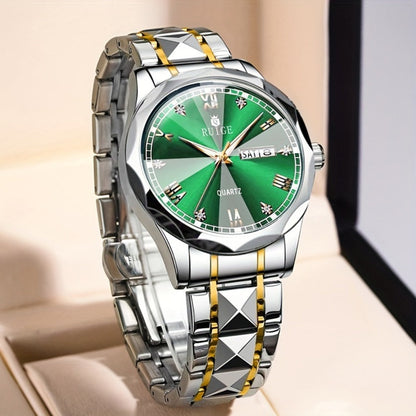 Men's Quartz Watch - Luxury Sports Stainless Steel Luminous Calendar Day Display Wristwatch - product detail view 4