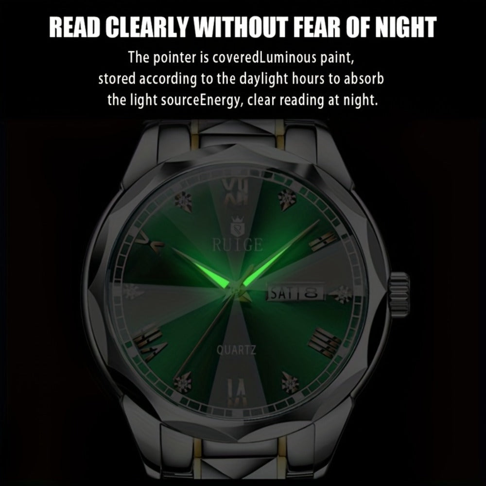 Men's Quartz Watch - Luxury Sports Stainless Steel Luminous Calendar Day Display Wristwatch - product detail view 6