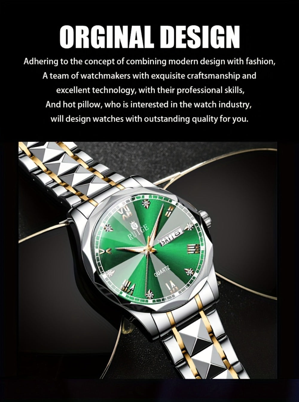 Men's Quartz Watch - Luxury Sports Stainless Steel Luminous Calendar Day Display Wristwatch - product detail view 12