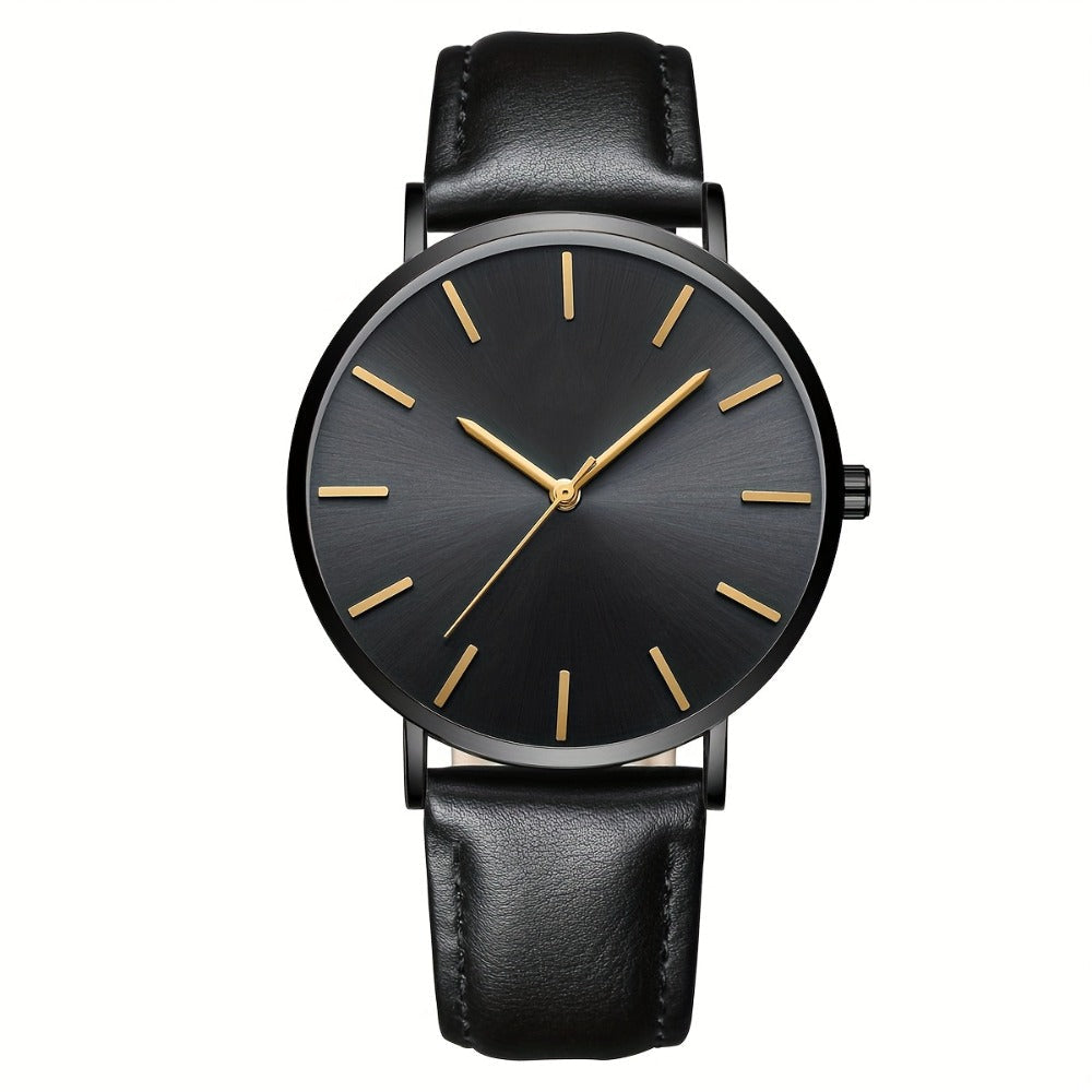 Men's Quartz Watch - Minimalist for Analog Round Dial PU Leather Strap Stainless Steel Case - product detail view 3