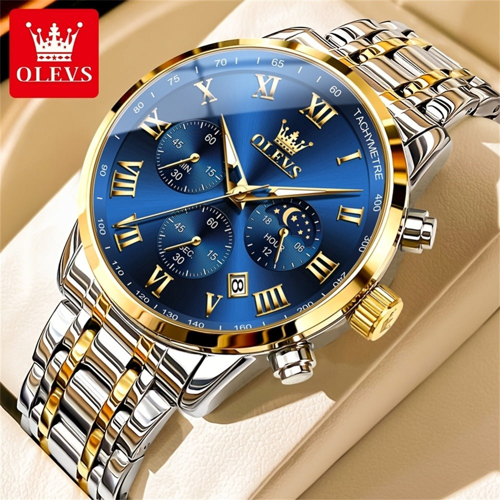 Men's Quartz Watch - OLEVS 's Luxury Dress Stainless Steel Chronograph, Moon Phase, Roman - product detail view 3