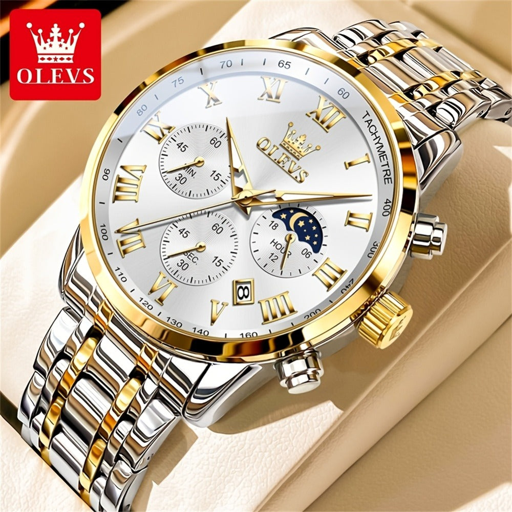 Men's Quartz Watch - OLEVS 's Luxury Dress Stainless Steel Chronograph, Moon Phase, Roman - product detail view 7