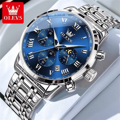 Men's Quartz Watch - OLEVS 's Luxury Dress Stainless Steel Chronograph, Moon Phase, Roman - product detail view 24
